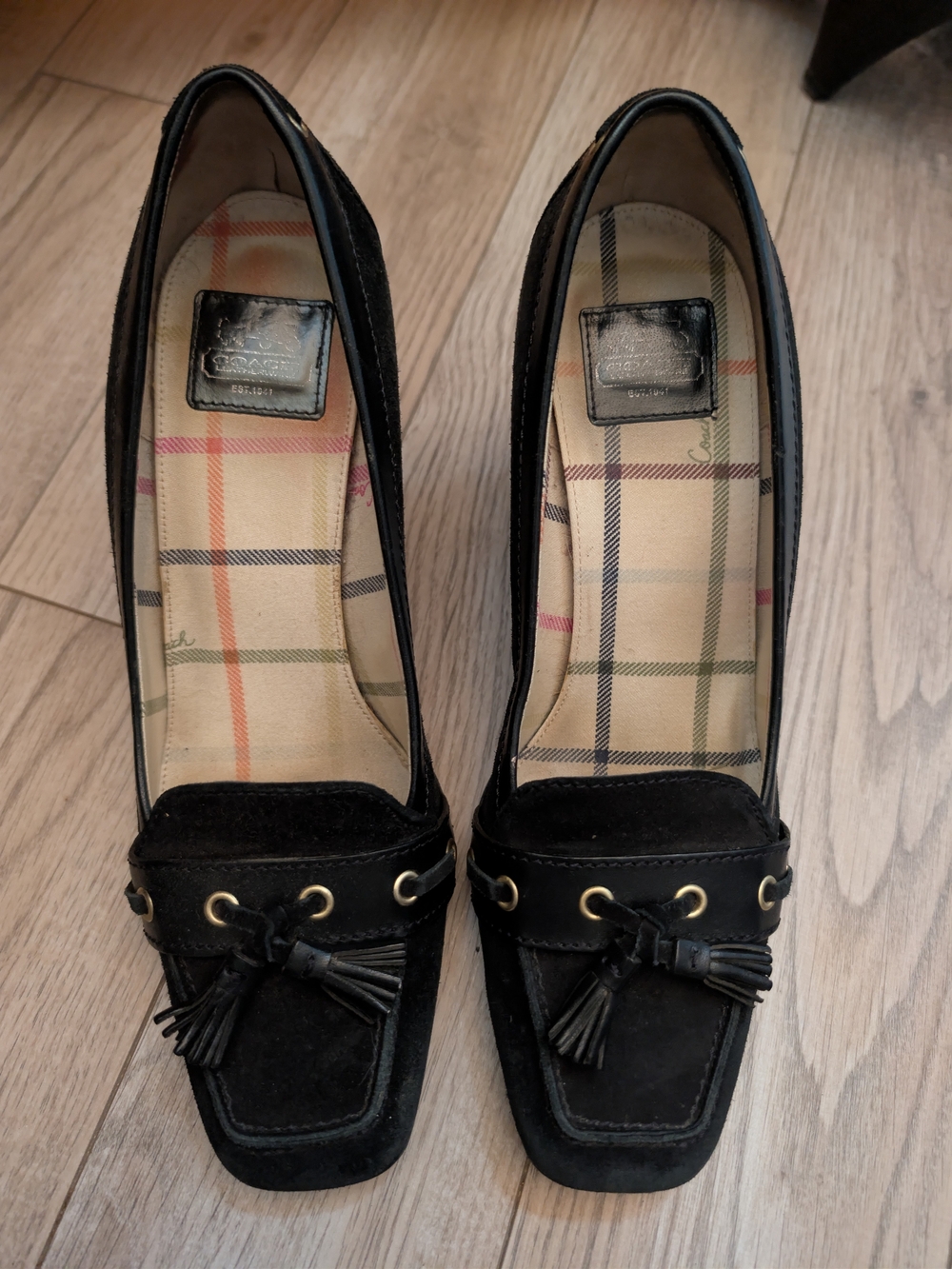 Coach Black Suede Tassel Loafers with Gold Eyelets